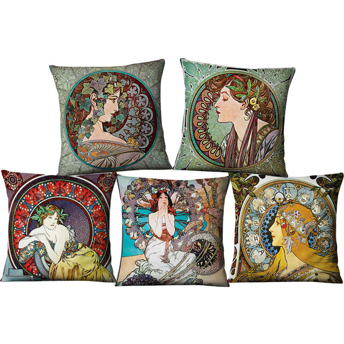 Boldly Beautiful Art Nouveau Images on Pillow Covers.