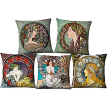 Load image into Gallery viewer, Boldly Beautiful Art Nouveau Images on Pillow Covers.