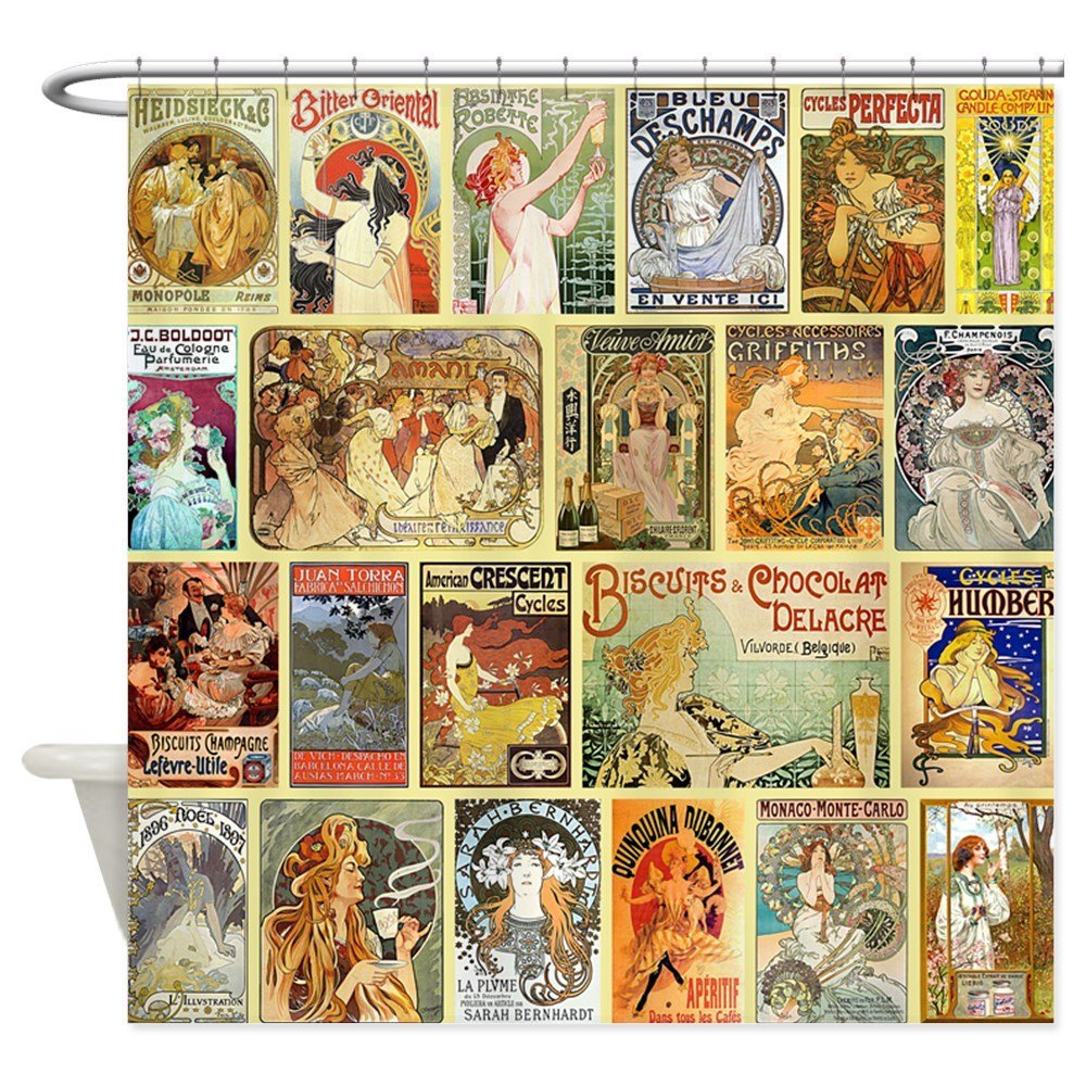 A stunning collage of Art Nouveau posters on a shower curtain. Art Nouveau Products at Goloopys.com
