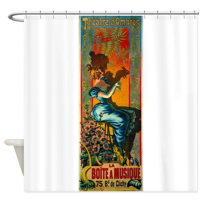Vibrantly colored Shower Curtain with Vintage Art Nouveau Poster from Play on curtain. 