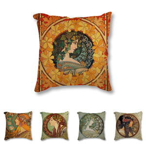 Incredibly Beautiful female faces from the Art Nouveau era on pillow covers.