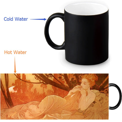 Color changing mug with Alphonse Mucha image of Woman at Sunset.
